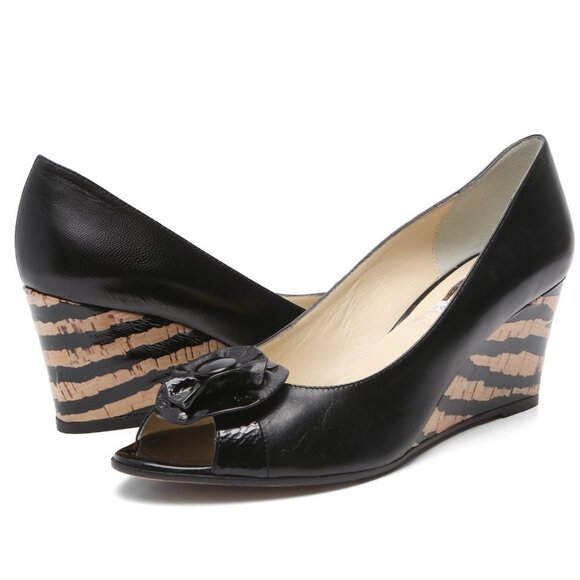 Roberto Capucci Leather Open Toe Wedge Pump Cork Heel Flower Toe Stripe Italy - Picture 1 of 11